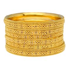 Our 22K Yellow Gold Artisan Bangle Set of 6 has an stylish design that can be worn with anything from casual looks to traditional wear and other formal attire. Features• Virani signature 22K yellow gold.• Filigree design. • Set of 6 bangles. Specifications• Minimum Bangle Width - 5 millimeters • Maximum Bangle Width - 10 millimeters• Bangle Diameter - 61 millimeters• Bangle Size - 2.6• Total Weight - 91.4 grams Traditional Bangle With Elegant Design As Gift, Yellow Bracelet For Diwali Festival, Elegant Meenakari Bangle For Ceremonial Occasions, Traditional Gold Plated Bangle Bracelet, Traditional Gold-plated Bangle Bracelet, 22k Gold Meenakari Bangle In Yellow Gold, 22k Yellow Gold Bangle With Meenakari, 22k Yellow Gold Meenakari Bangle, Yellow Gold Meenakari Bracelets For Festivals