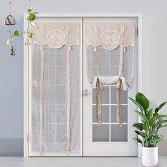 a potted plant sitting in front of a white door with sheer curtains on it