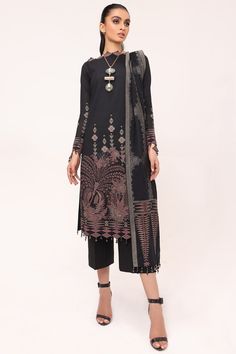 Winter Unstitched Lawn Suit With Printed Motifs, Winter Unstitched Suit With Printed Motifs, Winter Lawn Suit With Printed Motifs, Unstitched, Traditional Winter Unstitched Suit With Printed Motifs, Elegant Black Lawn Suit With Printed Motifs, Black Printed Cotton Unstitched Suit, Black Cotton Unstitched Printed Suit, Black Printed Unstitched Suit With Long Sleeves, Elegant Black Unstitched Suit With Printed Motifs