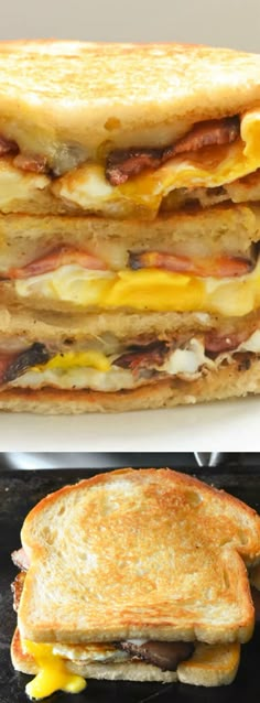 two pictures of the same sandwich, one with eggs and bacon on it in different stages of being grilled