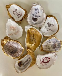 six different types of seashells with writing on them