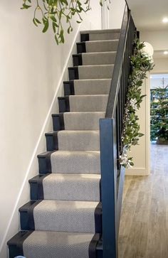 a staircase with carpeted steps and plants hanging from the railing