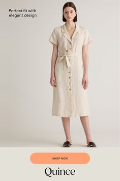 This midi linen dress should be in every wardrobe. Made from 100% organic linen and designed to be versatile, with elegant buttons down the front, and two pockets at the waist, and adjustable removable belt for the perfect fit.  | Quince | Women's Short Sleeve Dress in Sand, Size XL, Linen Classic Linen Midi Shirt Dress, Elegant Linen Button-up Shirt Dress, Chic Linen Shirt Dress With Buttons, Elegant Button-up Linen Shirt Dress, Chic Linen Button-up Dress, Classic Linen Shirt Dress For Day Out, Belted Linen Dress For Daywear, Chic Linen Dress With Buttons For Workwear, Classic Summer Linen Dress With Buttons