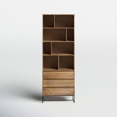 a tall wooden bookcase with drawers on it's front and side shelves in the middle