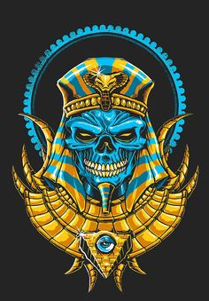 an egyptian skull with blue and yellow colors on it's face, in front of a black background