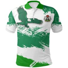 AIO Pride Nigeria Polo Shirt - Nigeria Flag Brush All of our Polo Shirt are custom-made-to-order and handcrafted to the highest quality standards. Each shirt is constructed from a premium polyester blend that is ultra-soft and incredibly comfortable. This shirt has some great features, it has 3 buttons, elastic collar, and cuffs. Extremely soft to the touch, durable and breathable. Features a specialty high definition heat-dye application that ensures long lasting color vibrancy even after machi White Polo Shirt With Sublimation Print And Crew Neck, White Polo Collar T-shirt With Sublimation Print, White Polo Top With Sublimation Print, White Polo Collar Top With Sublimation Print, White Printed Collared T-shirt, White Collared Printed T-shirt, Collared White Tops With All Over Print, Fitted White Shirt With All Over Print, Green Polo Shirt With Sublimation Print