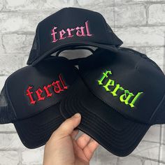 Embroidered Foam Otto Trucker Cap - FERAL Unleash your wild side with our bold and stylish "Feral" trucker cap. This hat is the perfect blend of edgy and comfortable, featuring the word "Feral" embroidered prominently across the front. Whether you're hitting the trails, the streets, or just looking to add a fierce touch to your everyday look, this cap has got you covered. Features: High-Quality Embroidery: The word "Feral" is meticulously embroidered, ensuring durability and a clean, striking lo Alt Mom, Mom Clothing, Goth Clothing, Hat Ideas, Mesh Hat, Pinterest Closet, Goth Outfits, Mom Outfits, Clothing Ideas