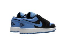 The Air Jordan 1 Low GS "University Blue" is the youth sizing of the colorway of the retro basketball shoe that salutes the North Carolina Tar Heels basketball team.  The “University Blue” Jordan 1 Low is not affiliated with the University of North Carolina or its athletic department, but it nonetheless draws from the school’s familiar team uniform colors.  The shoe has University Blue leather on the perforated toe, collar, heel, and Swoosh.  Contrasting black leather appears on the toe cap, for Blue Jordan 1 Low, Tar Heels Basketball, Tarheels Basketball, Retro Basketball Shoes, Blue Jordans, Retro Basketball, School S, North Carolina Tar Heels, University Of North Carolina