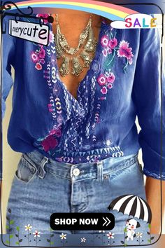 Bohemian Clothes Floral Embroidery Vintage V Neck Blouse for Women Bohemian Long Sleeve Embroidered Top For Vacation, Bohemian V-neck Embroidered Top, V-neck Blouse With Multicolor Embroidery For Vacation, Bohemian Embroidered Long Sleeve Top With Boho Collar, Bohemian Long Sleeve Embroidered Top With Boho Collar, Bohemian Embroidered Top With Boho Collar, Spring Bohemian Embroidered Top, Bohemian Long Sleeve Embroidered Top For Beach, Bohemian Multicolor Embroidered V-neck Top