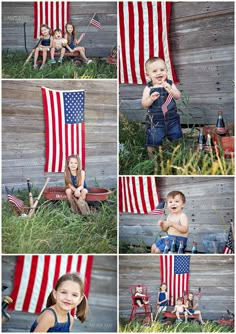 a collage of photos with an american flag in the background and two children sitting next to each other