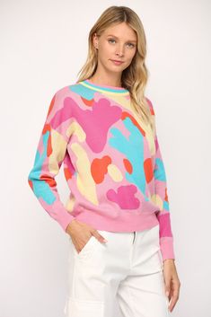 Fun, Abstract Crew Neck Sweater. Pink Fall Sweater With Ribbed Cuffs, Fall Pink Sweater With Ribbed Cuffs, Multicolor Graphic Print Sweater For Fall, Spring Multicolor Tops With Ribbed Cuffs, Trendy Multicolor Sweater With Graphic Print, Spring Color Block Crew Neck Sweatshirt, Trendy Multicolor Sweater With Ribbed Cuffs, Pink Graphic Print Sweater For Fall, Multicolor Long Sleeve Sweater With Ribbed Cuffs