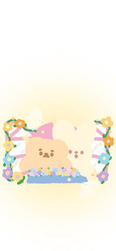 a cartoon bear with flowers around it's head sitting in front of a cake