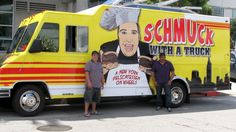 three men standing in front of a food truck that is advertising schnuck with a trick