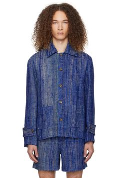 HARAGO: Blue Spread Collar Jacket | SSENSE Collar Jacket, Silk Jacket, Mens Outerwear, On Sale, Top Brands, Great Deals, Women Wear, Silk, Luxury Fashion