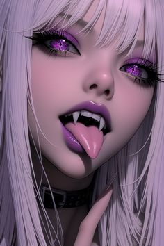 a woman with long white hair and purple eyes has her tongue out to the side