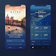 two mobile phones displaying the atlas app on their screens, one with an image of a city