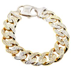 Designer: custom design Material: 14k yellow gold Diamonds: 350 round brilliant cut= 9.80cttw Color: H Clarity: SI Dimensions: bracelet is 9 ¼-inches long and it is 18.54mm wide Weight: 123.82 grams Cuban Link Bracelet, Bracelet Diamond, Gold Link Bracelet, Gold Link Chain, Cuban Link, Diamond Bracelets, Round Brilliant Cut Diamond, Diamond Stone, Brilliant Cut Diamond