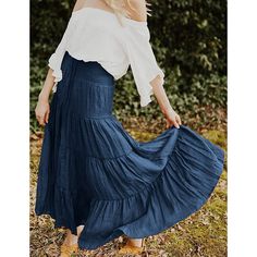 Navy Blue Bohemia Pleated High Waist Maxi Skirt Blue Flowy Bottoms For Spring, Blue Flowy Skirted Bottoms, Blue Flowy Tiered Maxi Skirt, Summer Blue Flowy Maxi Skirt, Flowy Blue Tiered Skirt, Blue Flowy Maxi Skirt For Vacation, Blue Flowy Skirt For Spring, Blue Flowy Bottoms, Spring Blue Flowy Skirt