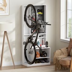 a bike mounted to the side of a white bookcase