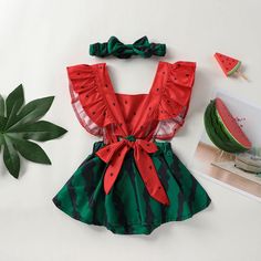 Dress your little one in the refreshing and adorable style of our Watermelon Ruffle Sleeve Baby Jumpsuit. This charming jumpsuit is perfect for the sunny days of spring and summer, adding a delightful touch to your baby's wardrobe. The jumpsuit features a vibrant watermelon print, capturing the essence of summer fun and adding a pop of color to your baby's outfit. The ruffled sleeves add a playful and feminine touch, creating a cute and fashionable look. Designed with convenience in mind, the ju Spring Vacation Bubble Romper With Ruffles, Playful Onesie For Spring Beach Outings, Cute Ruffled Bubble Romper For Vacation, Cute Bubble Romper With Ruffles For Vacation, Playful Onesie For Beach In Spring, Playful Spring Beach Onesie, Summer Cotton Sets With Strawberry Print, Green Bubble Romper For Spring Playwear, Spring Green Bubble Romper For Playwear