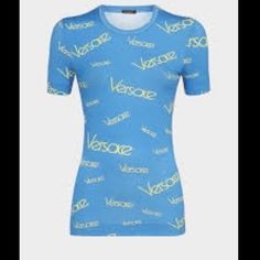 Versace Logomania T Shirt, Never Worn, Bought For A Party With A Blue/Yellow Theme But Didn’t Feel Like It Really Matched Rrp $395 Pre-Tax Size 44/Us 10 New With Tags Please Message Any Questions! Designer Printed Summer Tops, Designer Printed Blue Tops, Designer Blue Printed Tops, Designer Short Sleeve Top With All Over Print, Designer Tops With All Over Print And Short Sleeves, Designer Crew Neck Tops For Summer, Trendy Yellow Tops With Logo Print, Designer Fitted Tops With Logo Print, Designer Yellow Summer Tops