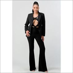 Open Cut Blazer Jumpsuit Set - S / Black - Sets Party Tuxedo Pantsuit With Long Sleeves, Modern Party Blazer With Notch Lapel, Fitted Long Sleeve Pantsuit For Night Out, Spring Party Blazer With Modern Style, Fitted Suit For Night Out In Spring, Modern Spring Party Blazer, Tailored Long Sleeve Pantsuit For Party, Fitted Notch Lapel Pantsuit For Party, Fitted Notch Lapel Sets For Night Out