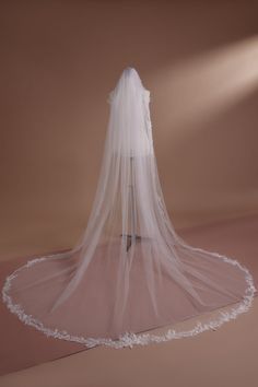 Lace Trim Cathedral Veil with Intricate Embroidery for Sophisticated Brides - WonderlandByLilian Wedding Veils Cathedral Length, Classic Wedding Veil, Timeless Veil, Simple Satin Wedding Dress, Lace Cathedral Veil, Nontraditional Wedding Dress, Antoinette Dress, Stunning Wedding Photos, Champagne Evening Dress