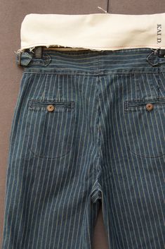 Japanese wabash striped denim washed in medium blue. High waisted pants (based on Isa pants with no pleats and longer inseam). Made in New York. Size S: waist 28" inseam 28" bottom opening 13" Size M: waist 30" inseam 28 1/2" bottom opening 13 1/2" SizeL : waist 32" inseam 28 1/2" bottom opening 14" Men's Cottagecore, Tshepo Jeans, Mens Cottagecore, Vintage Relaxed Fit Denim Blue Pants, Japanese Workwear Vintage, Vintage Cotton Bottoms With Vertical Stripes, Vintage Washed Denim Blue Pants, Japanese Denim Jeans, Blue High Waisted Pants