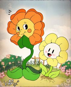 two cartoon characters with flowers in the background