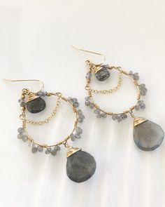 Framed Jewelry, Wrap Earrings, Labradorite Earrings, Earring Ideas, Wire Earrings, Gemstone Earrings, Crystal Earrings, Labradorite, Favorite Jewelry