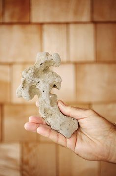 a hand holding a piece of rock in front of a brick wall and tile background