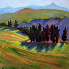 an oil painting of trees and rolling hills