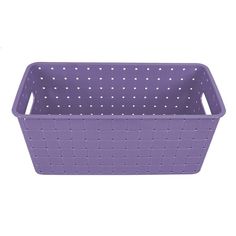 a purple plastic basket with holes on the sides and bottom, in front of a white background