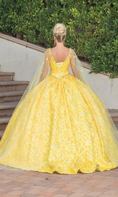 Yellow a-line quinceanera ball gown with sweetheart neckline and draped cape sleeves. Yellow Quince, Side Cape, Cotillion Dresses, Short Dress Styles, Quince Dress, Designer Gown, Space Style, Full Length Skirts, Tie Length