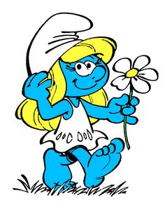 the smurf is holding a flower in her hand