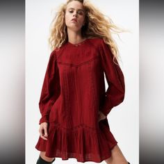 Size Xs Red Long Sleeve Embroidery Lace Cutout Red Long Sleeve Embroidered Fitted Dress, Red Embroidered Long Sleeve Dress, Red Floral Embroidered Dress For Fall, Fall Cotton Embroidered Dress, Red Embroidered Casual Fitted Dress, Red Embroidered Winter Dress, Red Embroidered Fitted Casual Dress, Casual Red Embroidered Mini Dress, Zara Bohemian Red Midi Dress