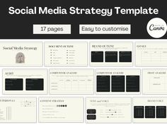 the social media strategy template is shown in black and white, with an image of several pages