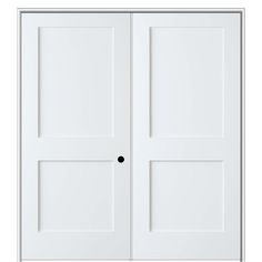 two white doors with black knobs on the top and bottom, against a white background