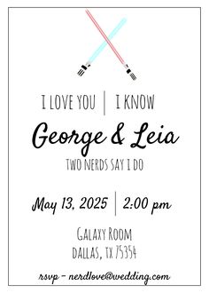 a wedding card with the words i love you, i know george and leia