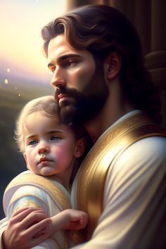 a painting of jesus holding a baby in his arms with the sun shining behind him