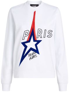 white orange purple organic cotton Paris motif embroidered detail logo print to the rear crew neck long sleeves straight hem Karl Lagerfeld Sweater, Paris Sweatshirt, Yoko London, Wardrobe Edit, Jumpsuit Jacket, Sweatshirt White, Karl Lagerfeld Paris, Organic Materials, Canary Islands