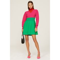 Multicolor knit (100% Merino Wool). Sweater Shift. Long sleeves. Turtleneck. Pull on. 34" from shoulder to hemline. Imported. Multicolor Knit, Rent The Runway, Closet Designs, Merino Wool Sweater, Work Wardrobe, Green Print, Wool Sweater, Bright Color, Pink Dress