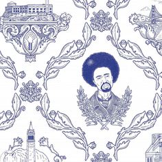 a blue and white drawing of a man with an afro in the center surrounded by other things