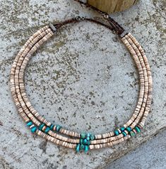 Adjustable Artisan Turquoise Necklace With Heishi Beads, Adjustable Artisan Turquoise Heishi Beads Necklace, Turquoise Jewelry With Round Wooden Beads, Adjustable Turquoise Necklace With Wooden Beads, Turquoise Heishi Beads Round Jewelry, Turquoise Heishi Beads Jewelry, Artisan Turquoise Necklace With Wooden Beads, Turquoise Polished Heishi Beads Jewelry, Southwestern Turquoise Heishi Beads Jewelry