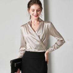 Womens Elegant Silk Blouse | Mulberry Silk Top Elegant V-neck Top For Business Casual, Elegant V-neck Blouse For Office, Long Sleeve Silk Tops For Fall, Elegant Long Sleeve Silk Top, Elegant V-neck Long Sleeve Top For Work, Chic Silk Blouse For Office Wear, Sleek Viscose Blouse For Fall, Elegant Long Sleeve Top For Work, Chic Silk Blouse For Work