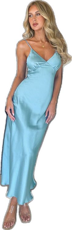 Chic Blue Dress For Prom Season, Summer Sheath Evening Dress For Wedding Guest, Spring Prom Satin Dress, Dressy Blue Evening Dress For Spring, Blue Dressy Evening Dress For Spring, Blue Satin Midi Dress For Evening, Blue Satin Dress With Spaghetti Straps For Party, Elegant Blue Evening Dress For Prom, Chic Blue Long Evening Dress