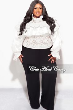 Final Sale Plus Size Lace Ruffle Blouse in White – Chic And Curvy Elegant Stretch Tops With Ruffled Collar, Fitted Tops With Ruffled Collar For Night Out, Elegant Stretch Top With Ruffled Collar, Elegant Ruffled Stretch Top, Elegant Stretch Top With Ruffles, Elegant Stretch Tops With Ruffles, Plus Size White Lace Top, White Ruffled Long Sleeve Outerwear, White Lace Top With Ruffled Collar