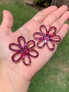 Big Pink Sparkly Flower Outline Earrings Handmade Hot Pink - Etsy Pink Flower Earrings With Resin And Ear Wire, Pink Resin Flower Earrings With Ear Wire, Retro Flower Shaped Earrings For Gift, Retro Flower Shape Earrings For Gift, Retro Flower Shaped Earrings As Gift, Flower Shaped Plastic Jewelry As Gift, Flower-shaped Plastic Jewelry As Gift, Flower-shaped Plastic Jewelry Gift, Plastic Flower-shaped Jewelry For Gifts