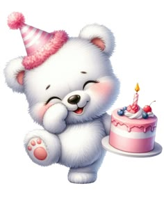 a white teddy bear holding a birthday cake