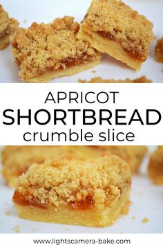 an image of shortbread crumble slice on a plate with the words apricot shortbread crumble slice